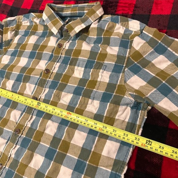 PrAna Casual Button Down Mens Green XL Blue Plaid Rugged Flannel Shirt - Picture 4 of 5